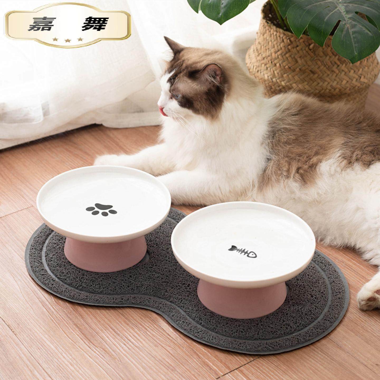 猫咪双碗陶瓷高脚碗粉色鱼骨造型宠物饮水器防滑垫,餐饮具,碗,淘宝优惠券,粉丝福利购,淘宝优惠卷