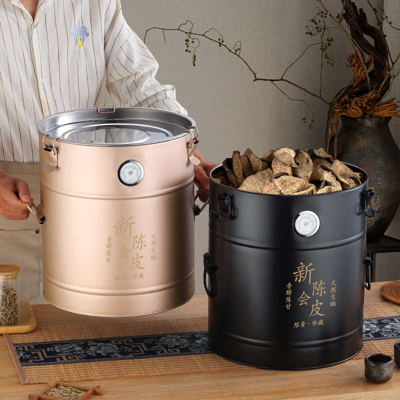 不锈钢陈皮桶茶叶桶大容量加厚密封保鲜防潮金属存储茶罐带湿度表