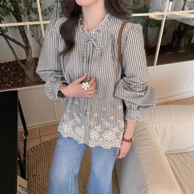 SUSAN 2026春夏学院风韩系气质刺绣重工百搭显瘦泡泡袖圆领衬衫女