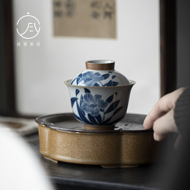 宜室茶话 仿古手绘百合盖碗 文人茶器陶瓷泡茶碗功夫茶具手抓碗图片