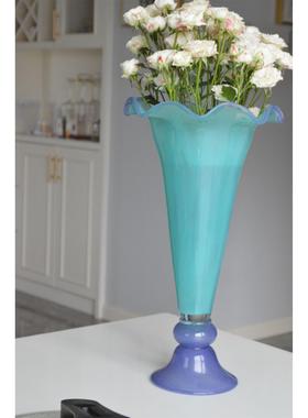 中古芬顿手工拼色玻璃花瓶简约高级法式花边口复古桌面花器摆件