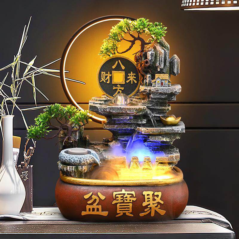 招财风水轮聚宝盆摆件假山流水循环水景观客厅办公室桌面加湿器