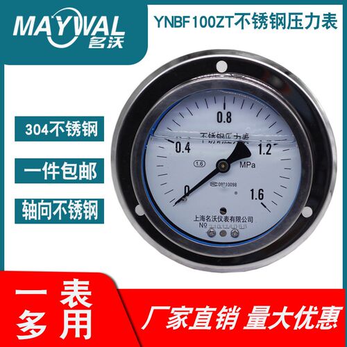YNBF100ZT 0-1.6MPA 轴向304不锈钢耐震压力表 轴向带边