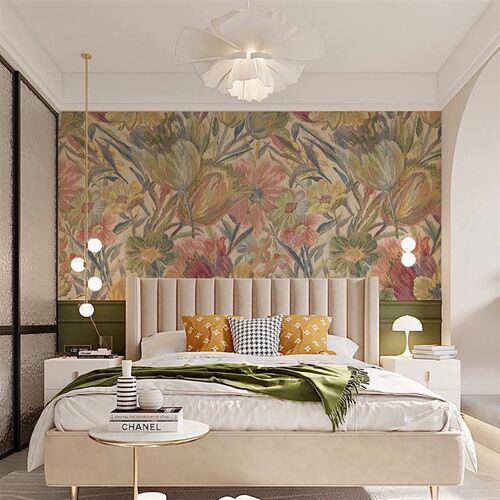 北欧简约手绘艺术壁画Weft Garden高级定制春日花宴背景墙壁布