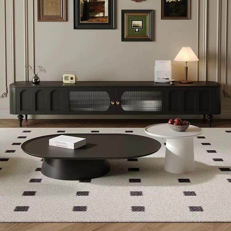法式复古电视柜茶几组合现代简约客厅地柜新款黑色中古风电视机柜