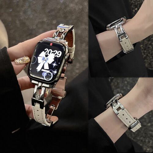 蝴蝶扣针纹适用于AppleWatch10/9皮质腕带iwatch8765高级感表带