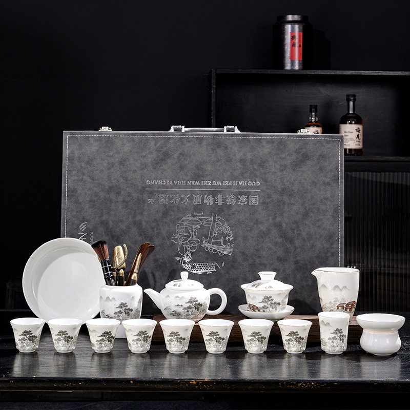 陶瓷茶具套装16头羊脂玉瓷水墨山水功夫茶杯茶壶盖碗商务礼品