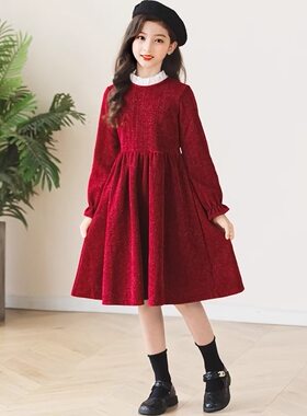 女童连衣裙秋装拜年服中大童过年衣服洋气女孩春季红色新年装裙子