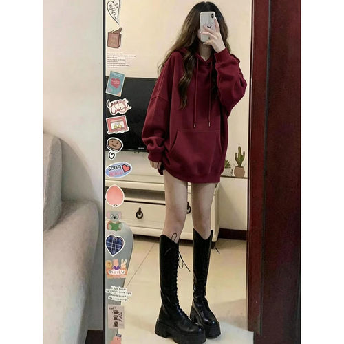 2026本命年酒红重磅连帽卫衣女