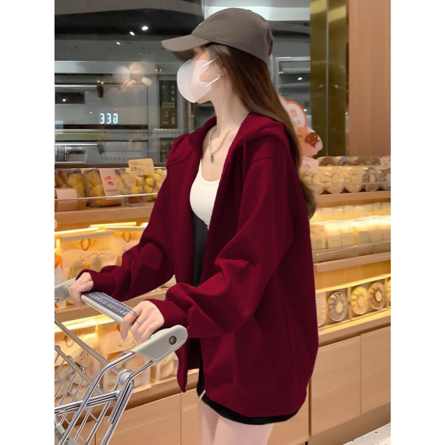 安可拉红色连帽卫衣外套女秋冬季加绒加厚美式拉链保暖开衫上衣潮