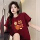 高级感新年马年圆领印花宽松大码 红色短袖 t恤女2026新款 纯棉上衣