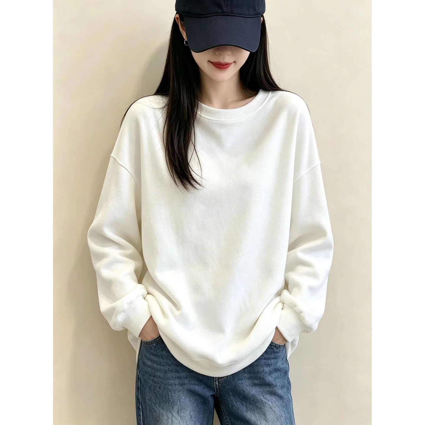 韩版2026新款白色圆领卫衣女秋冬季宽松显瘦小个子加绒长袖上衣衫