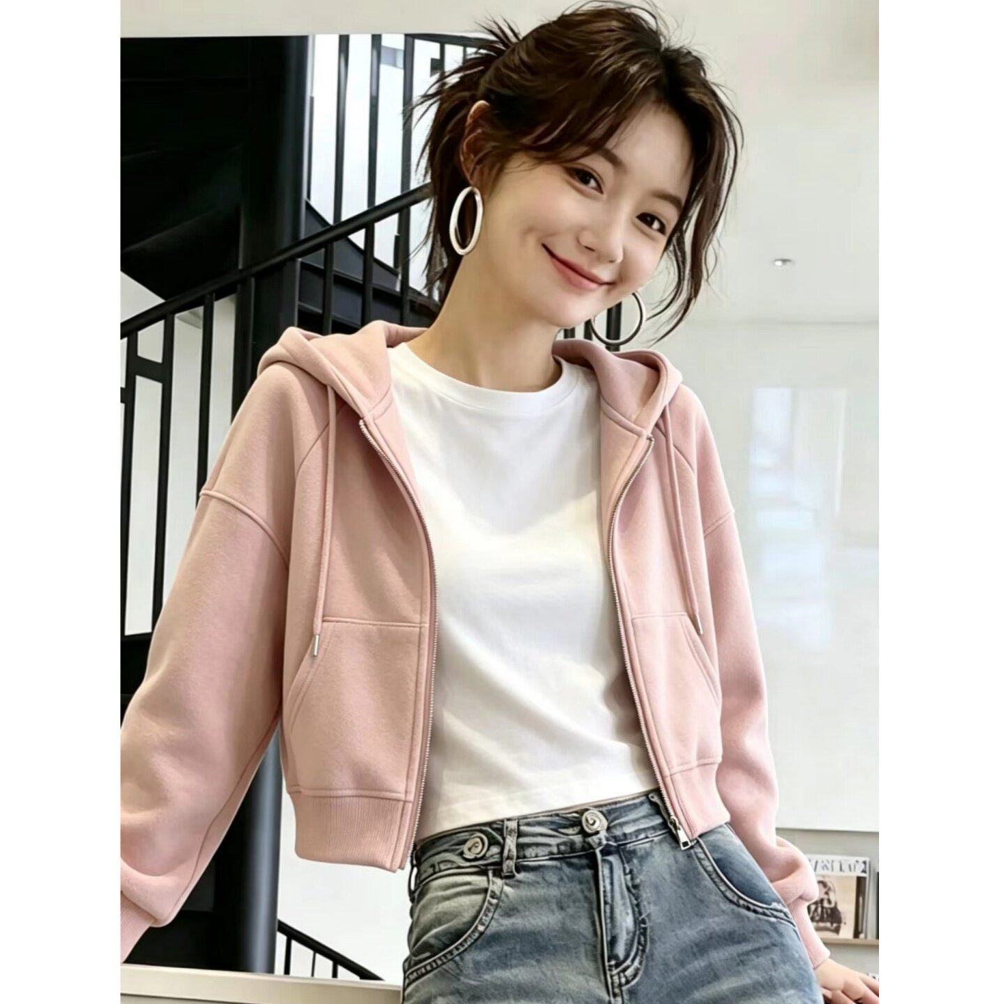小个子短款连帽拉链卫衣女春秋图片