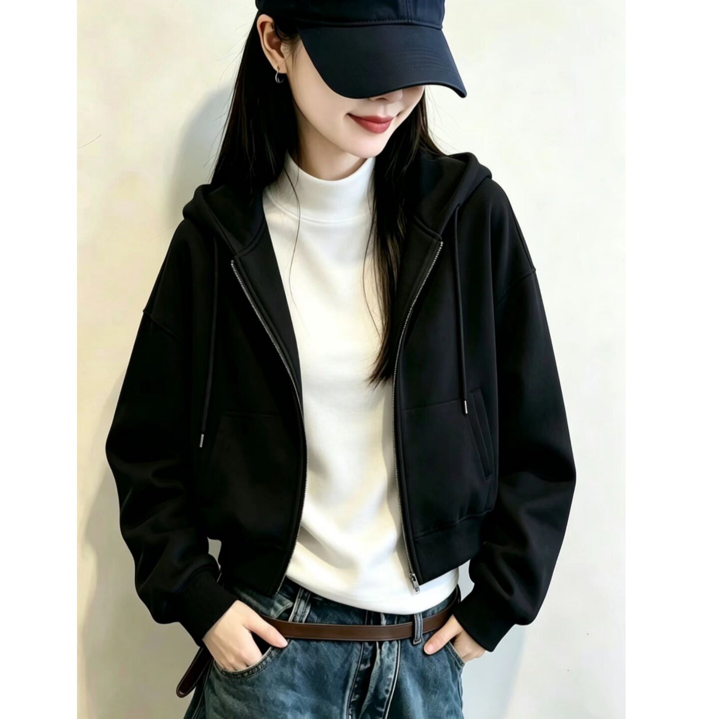 春秋厚款连帽拉链卫衣女短款图片