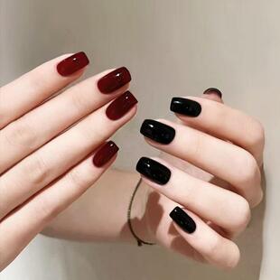 黑红纯色AB款穿戴甲高级感个性简约日常百搭新短秋冬显白美甲贴片