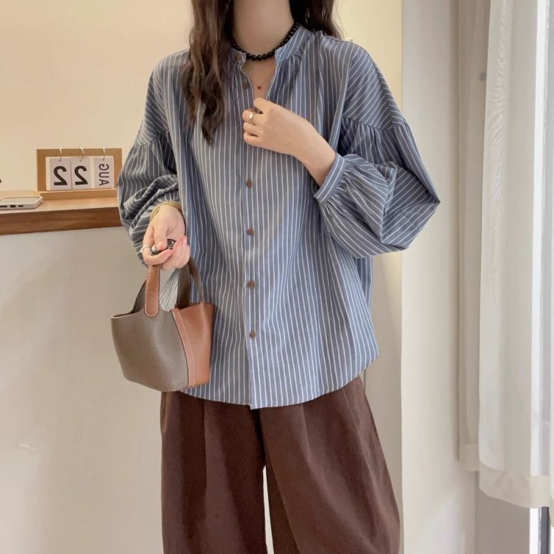 孕妇衬衫秋款条纹灯笼袖宽松休闲衬衫宽松显瘦日系气质立领上衣女