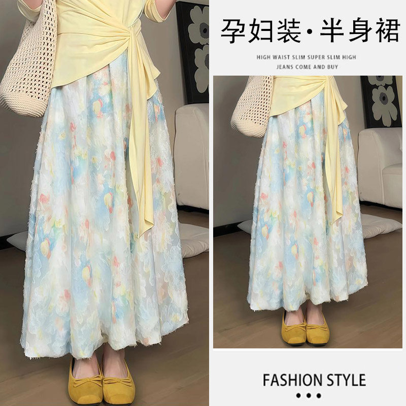 孕妇装夏季潮妈多巴胺穿搭花色莫奈花园无托腹小个子孕妇半身裙女