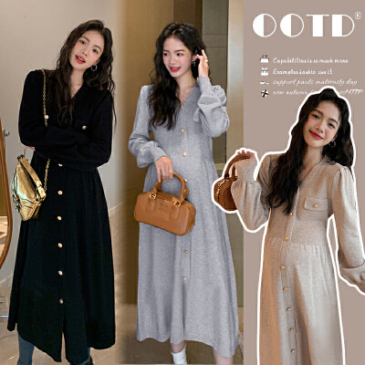 孕妇秋装连衣裙时尚复古气质秋冬针织V领小香风长袖法式连衣裙女