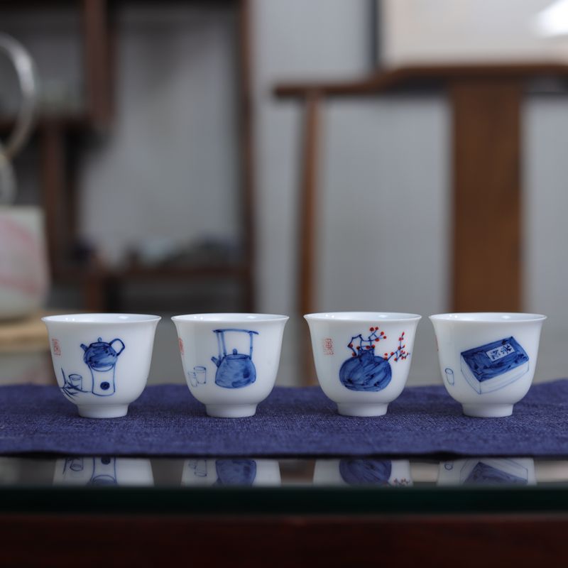 陶瓷茶具釉下青花瓷纯手绘清供图功夫茶杯铃铛杯品茗杯小杯子茶碗