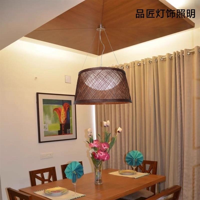 侘寂风草帽灯藤艺手工吊灯创意个性复古民宿阳台灯笼椎桶形吊灯