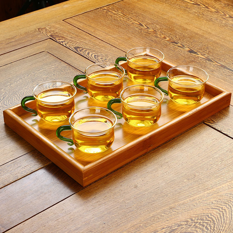 耐热玻璃茶杯带把水杯子加厚大号品茗杯家用整套花茶杯竹托盘套装