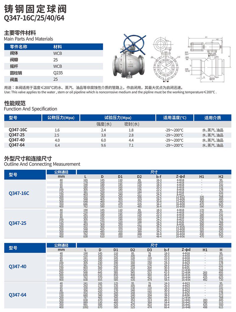 远大阀门Q347F-16/25/40/64C铸钢涡轮法兰固定式直通球阀DN40-400