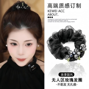 铂思亚原单同款玫瑰纱面花朵国风设计浪漫风头花大肠发圈FB1929