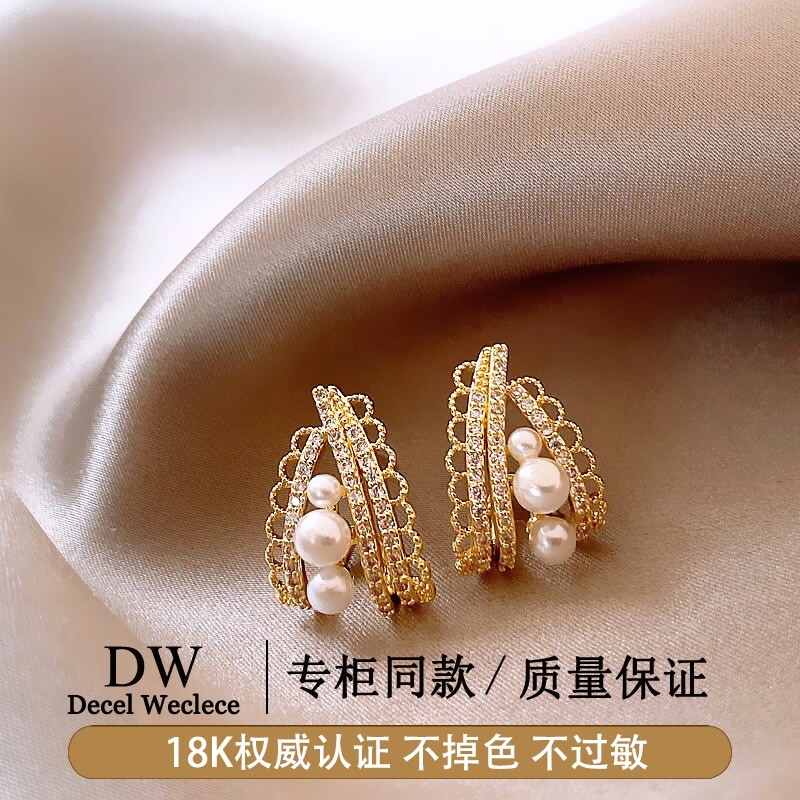 奥特莱斯【官网直发】金色镶钻珍珠耳环时尚气质耳钉耳饰女