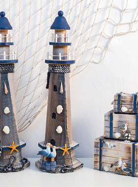 地中海风格灯塔木质做旧木塔海洋风组合灯塔摆件桌面复古装饰摆设