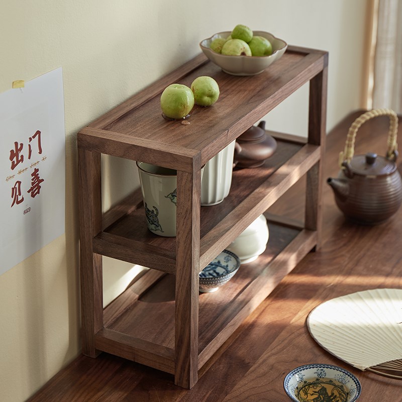 黑胡桃桌面实木置物架茶室茶具茶杯文玩展示架多宝阁桌上博古架