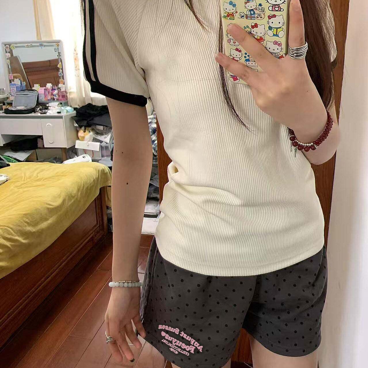 美式灰色波点休闲 短裤女夏高腰直筒百搭阔腿A字小个子运动三分裤