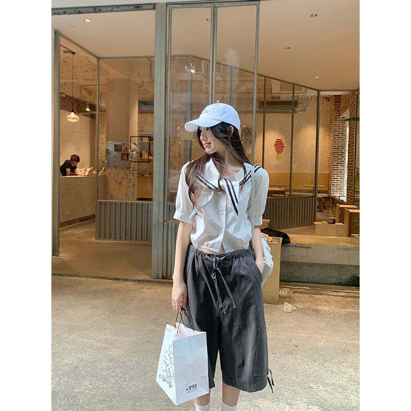 cozydays白色miu系海军领衬衫女夏季新款少女感小众短款短袖衬衣