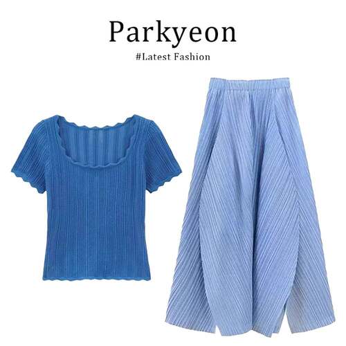 Parkyeon蓝色高级感方领针织短袖褶皱不规则半裙设计感套装夏季女