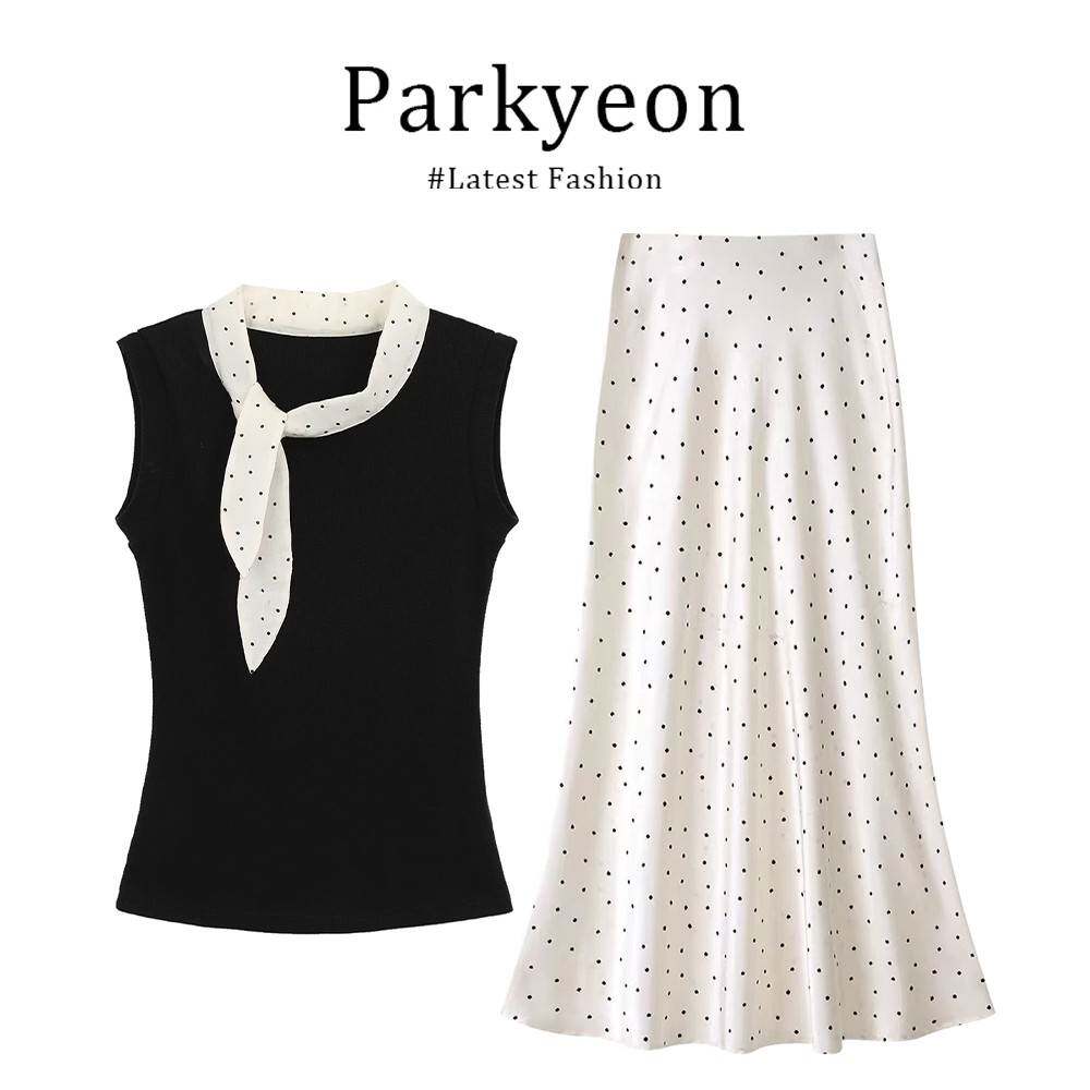 Parkyeon设计感撞色无袖上衣女夏季气质百搭白色波点半身裙套装图片