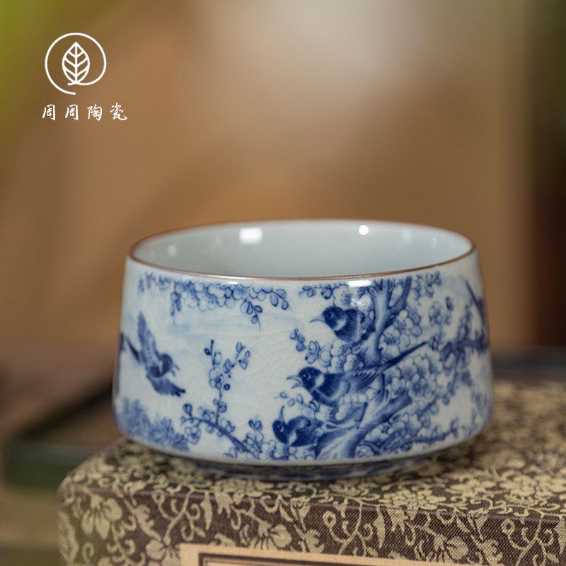 景德镇青花陶泥花鸟茶洗水盂家用茶渣缸陶瓷水洗废水缸茶道零配件