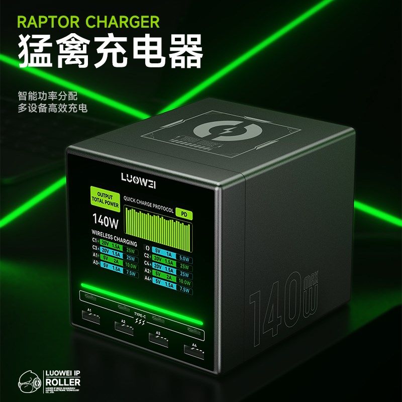 洛韦猛禽U1 UBS多口充电器无线充电数显电流电压检测仪140W大功率
