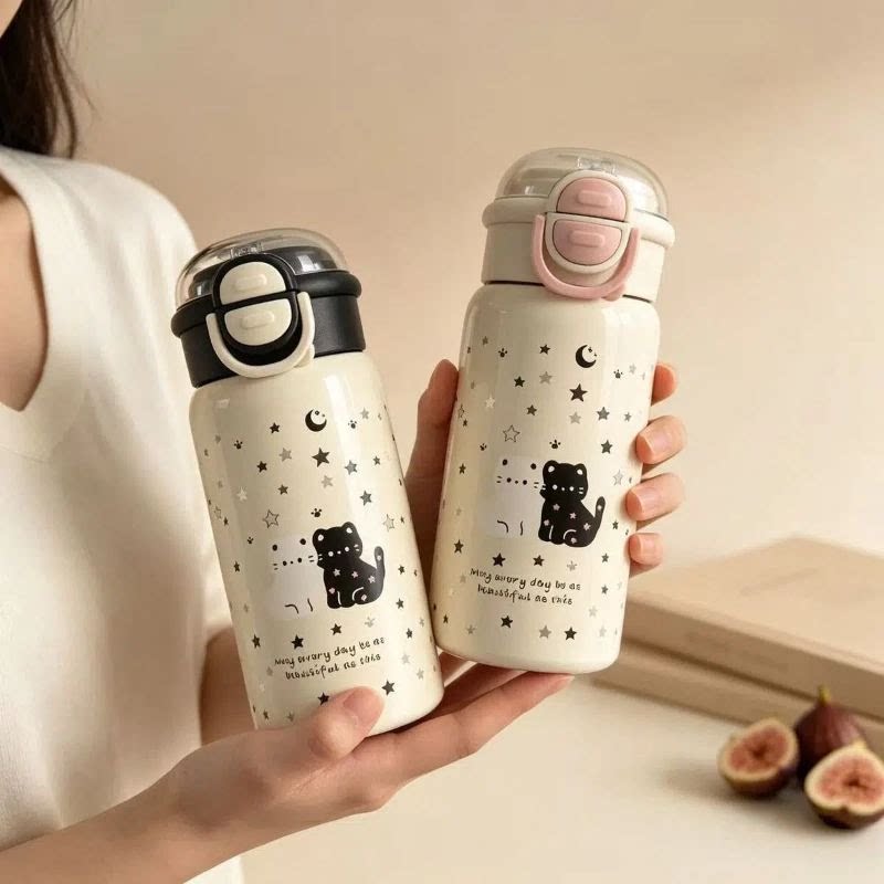 简约黑白可爱小猫保温杯不锈钢高吸管杯