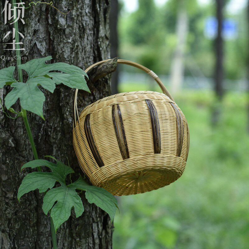 精工紫竹小提篮竹编篮子手提篮竹篮鸡蛋篮水果篮圆形花篮收纳筐