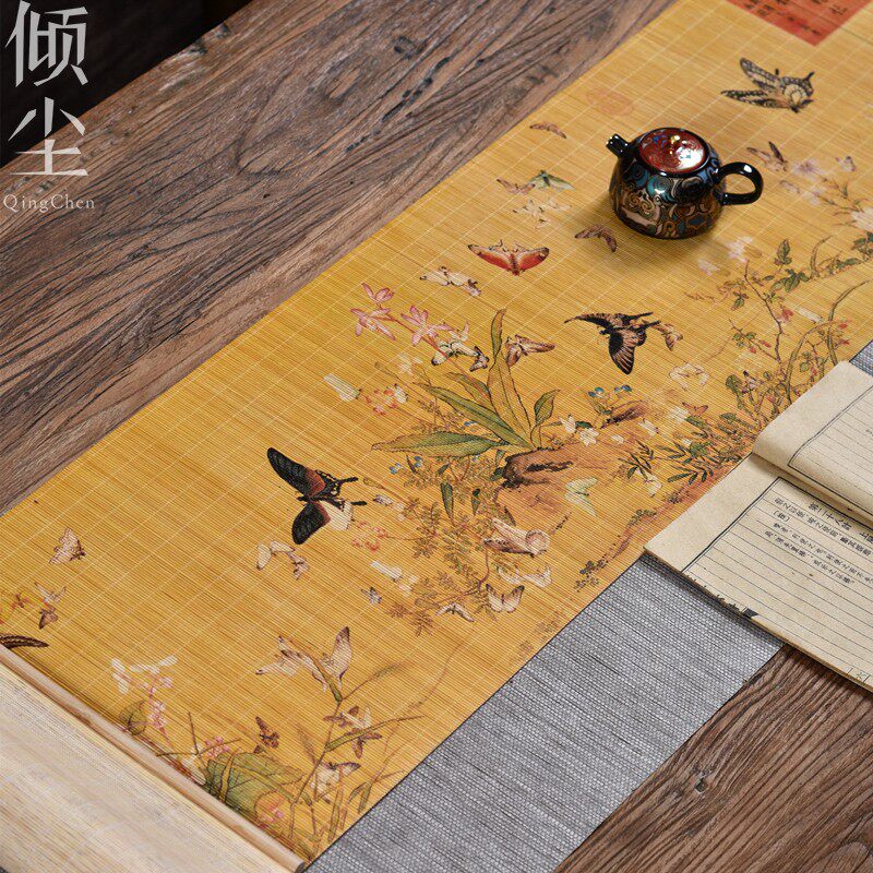 百蝶图茶席 细竹丝茶垫 30*120 竹桌旗 中式禅意 茶空间铺设美学