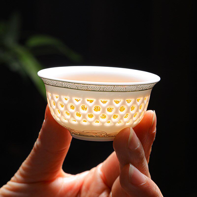 陶瓷功夫茶具套装玲珑镂空家用白瓷青花盖碗茶备泡茶杯子整套茶具