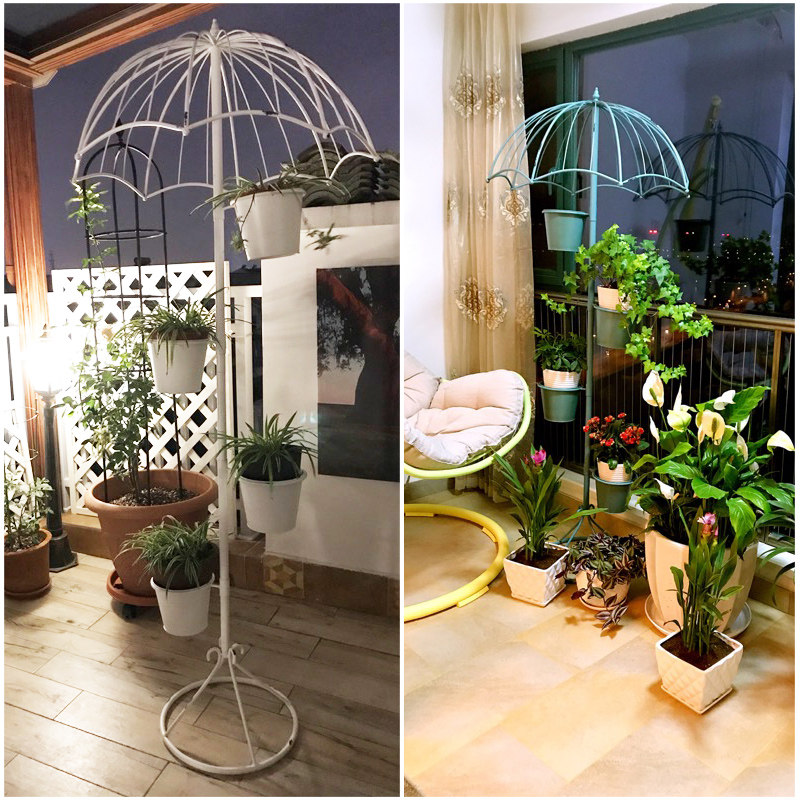 北欧铁艺家居阳台花店橱窗雨伞花架装饰摆件创意落地户外带灯花架
