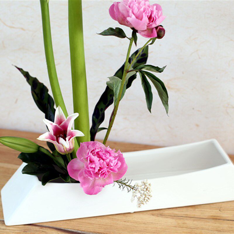 小原流船型陶瓷花器日式插花排列式花盆白色长条形创意花艺器皿盘