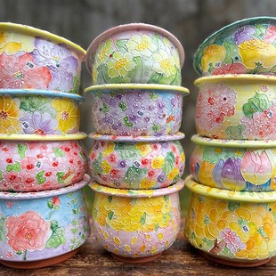 濑户烧手绘顶冠帽沿红陶泥透气吸水多肉大火锅万象花盆口12/15/18