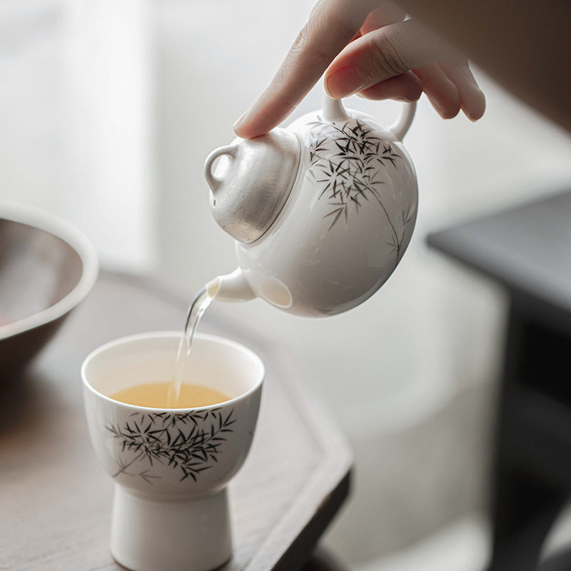 复古中式手绘竹子茶壶家用陶瓷带过滤泡茶壶功夫茶具鎏银口小壶