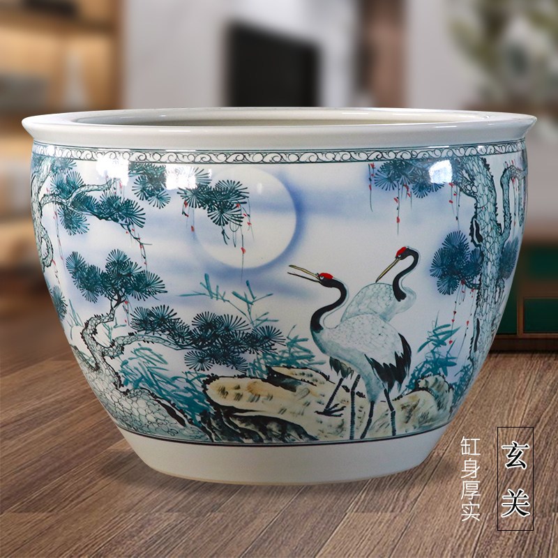 景德镇手绘松鹤延年陶瓷大号鱼缸客厅书画缸庭院养乌龟荷花盆造景