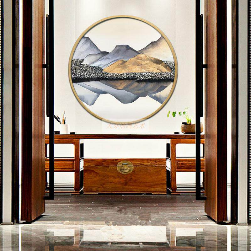 玄关油画客厅装饰画山水画餐厅挂画过道有框手绘新中式简约圆形画