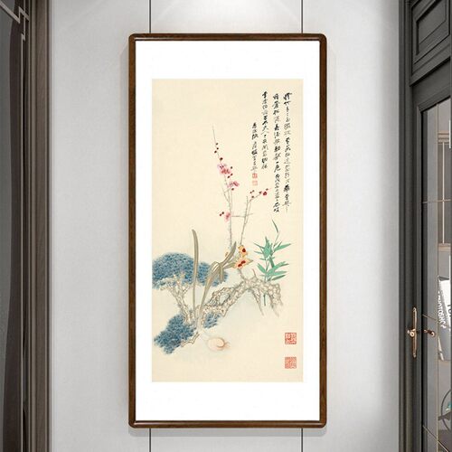国画新中式客厅装饰字画玄关走廊过道竖版带框挂画张大千花朝纳福
