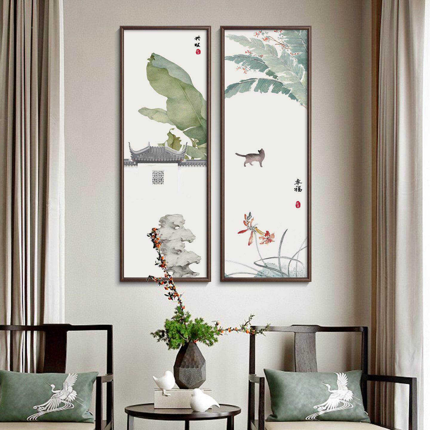 竖玄关版画中风芭蕉挂禅画中式客厅装饰画花鸟四701363条屏意国茶