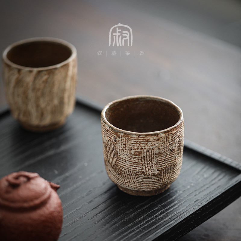 寂艺粗陶手工大号茶杯主人杯锤纹适器功夫茶具直口品茗杯陶瓷杯子