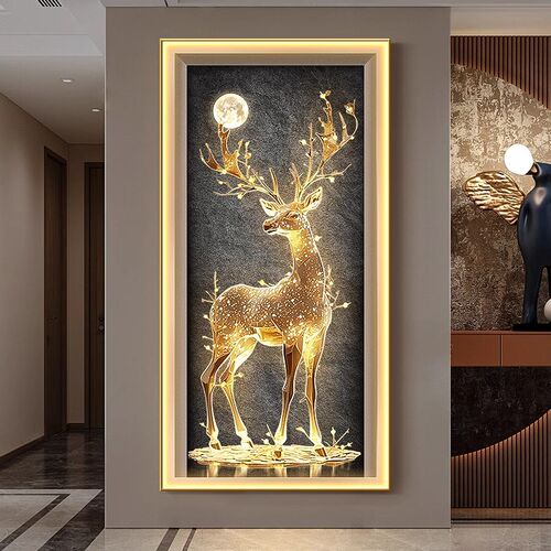 壁灯鹿玄关高端装饰画大幅入户画进门客厅灯光画新款走廊过道挂画
